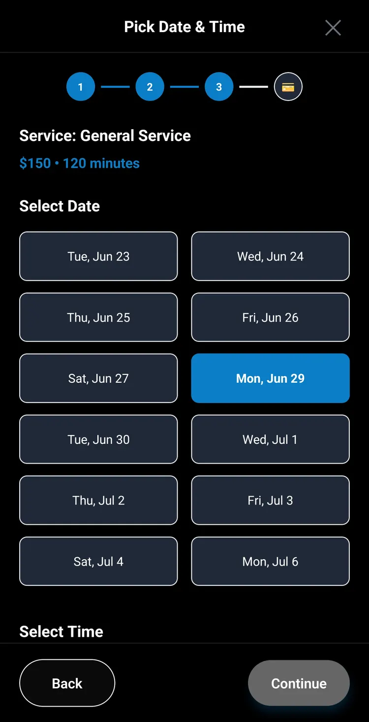 Real-time availability synced from the business calendar