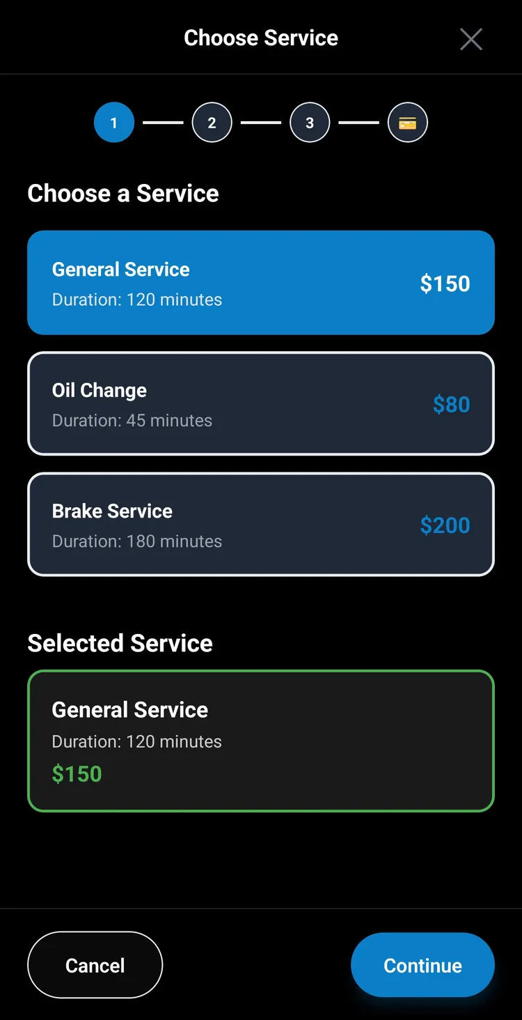 Choosing a service, with duration and price shown
