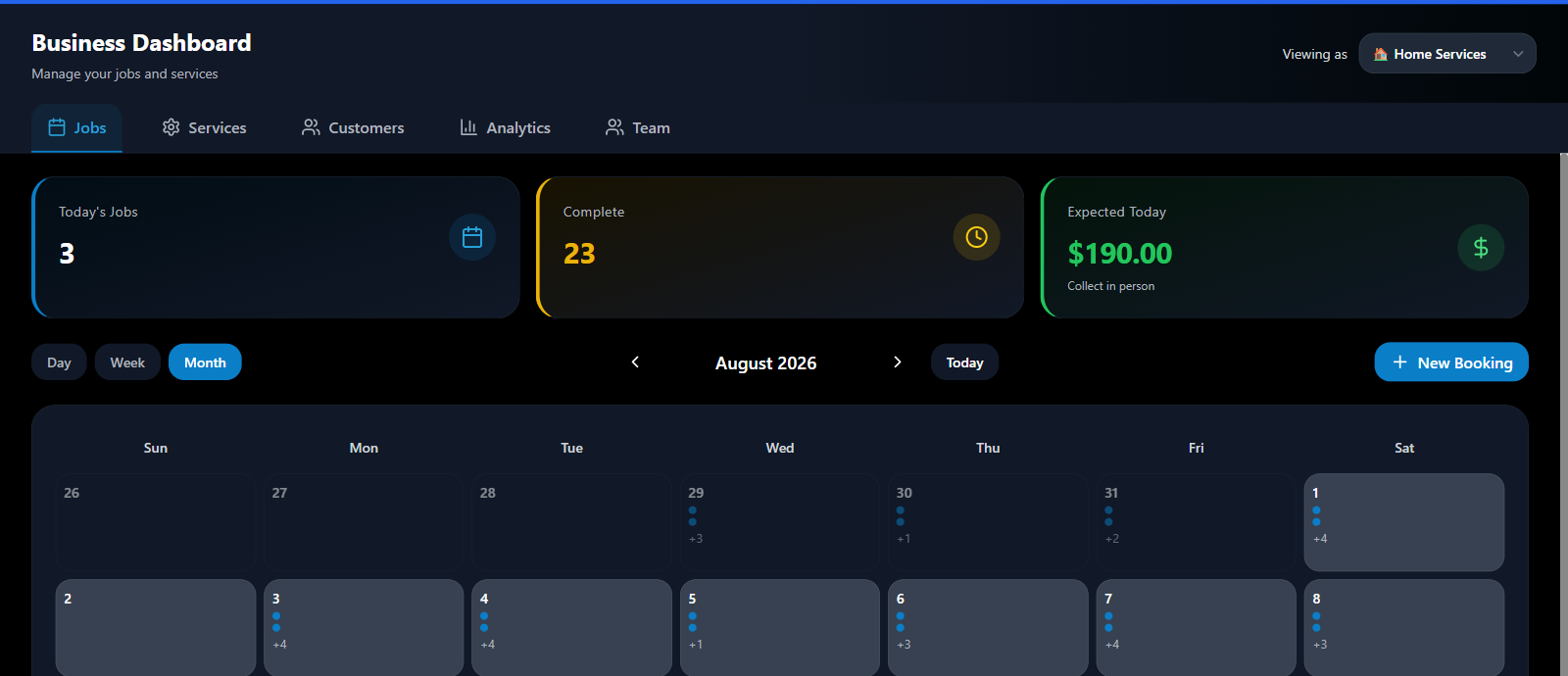 The 1Tapp business dashboard showing a month calendar of jobs